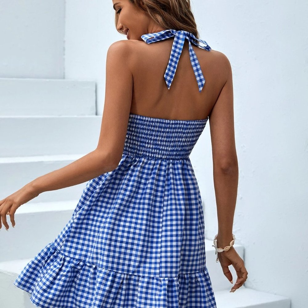 Multicolor Boho Womens Gingham Print Ruffle Hem Halter Neck Backless Dress - Picture 3 of 5